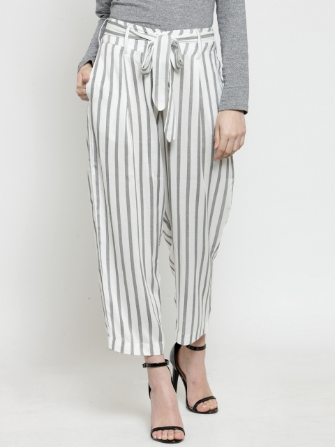 

Sera Women White & Grey Crop Tapered Fit Striped Regular Trousers