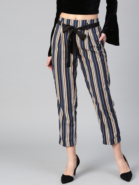 

Athena Women Navy Blue & Beige Regular Fit Striped Cropped Trousers