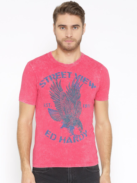 

Ed Hardy Men Pink Printed Round Neck T-shirt