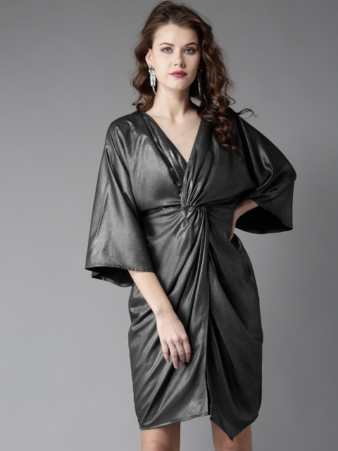 

Moda Rapido Women Charcoal Grey Solid Shimmery Twisted Wrap Dress