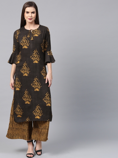 

Shree Women Charcoal Grey & Mustard Yellow Printed Kurta with Palazzos
