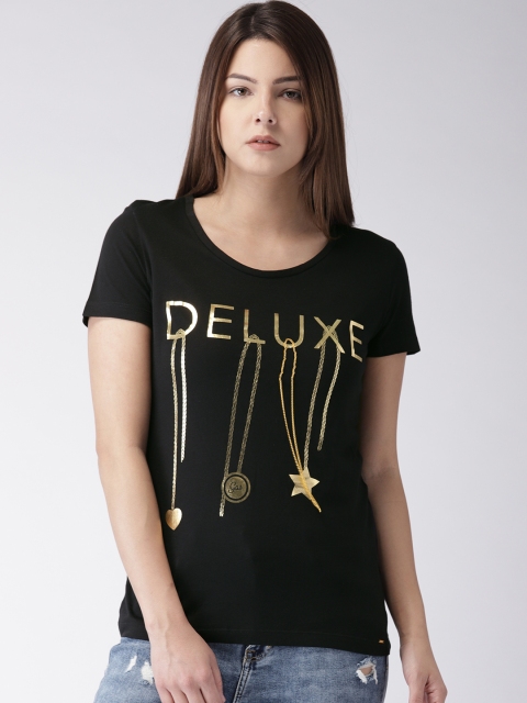 

GAS Women Black Printed Round Neck Slim Fit T-shirt