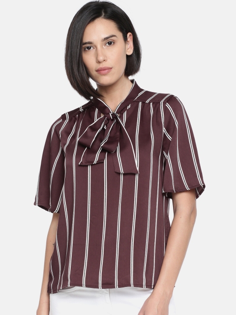 

Vero Moda Women Maroon & Off-White Striped Tie-Up Neck Top