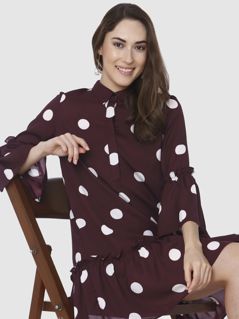 

Vero Moda Women Burgundy & White Polka Dot Printed Drop-Waist Dress