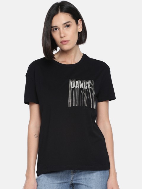 

Vero Moda Women Black Printed Round Neck Pure Cotton T-shirt