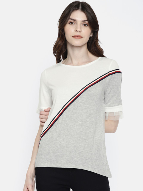 

Vero Moda Women White & Grey Melange Colourblocked Regular Top