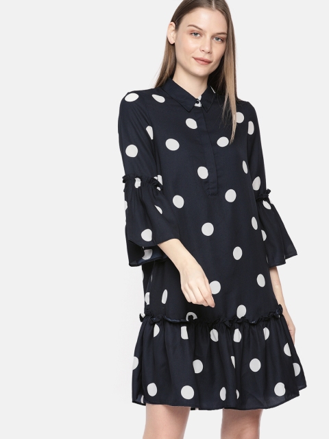 

Vero Moda Women Navy Blue & White Polka Dots Printed Drop-Waist Dress