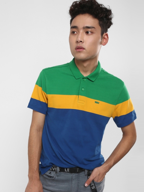 

Levis Men Navy Blue & Mustard Yellow Colourblocked Polo Collar T-shirt