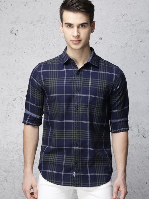 

Ecko Unltd Men Navy Blue & Olive Green Slim Fit Checked Casual Shirt