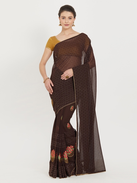 

Kvsfab Brown Embroidered Poly Georgette Saree