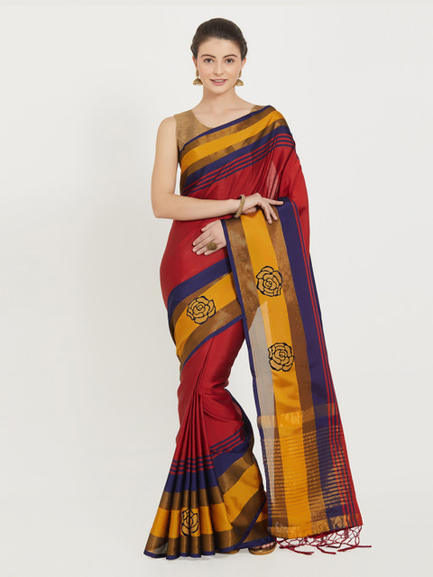 

Kvsfab Red Solid Silk Cotton Saree