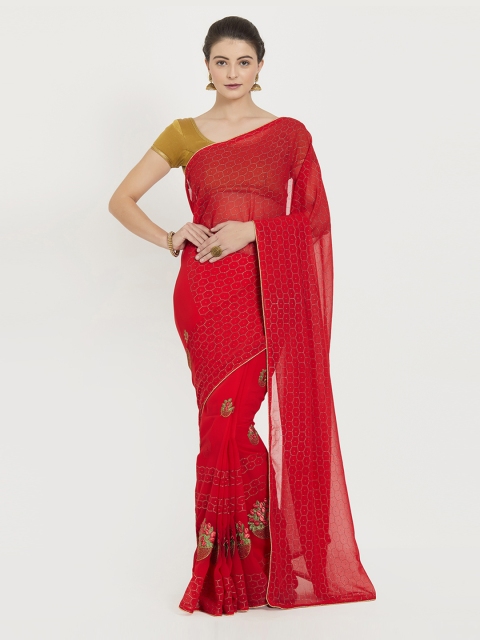 

Kvsfab Red Embroidered Poly Georgette Saree