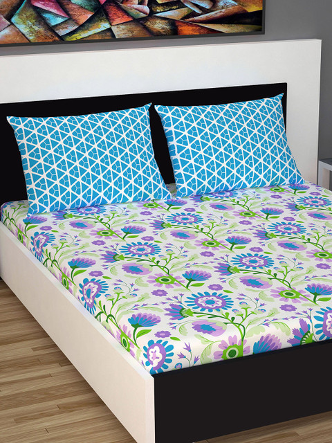 

Divine Casa Blue & Purple Abstract Flat 144 TC Cotton 1 Extra Large Bedsheet with 2 Pillow Covers
