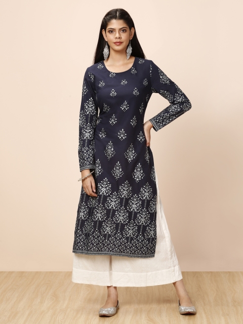 

all about you Women Navy Blue Printed Straight Kurta