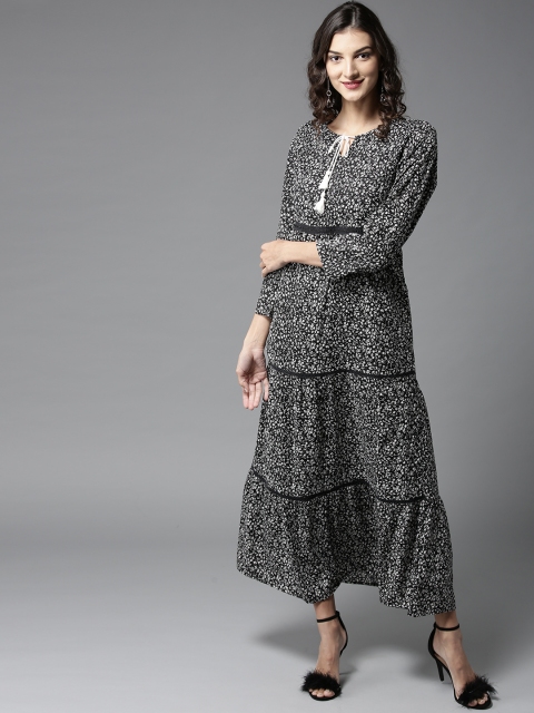 

HERE&NOW Women Black & White Printed Tiered Maxi Dress