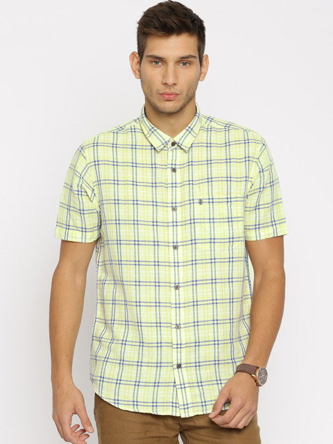 

IZOD Yellow & Blue checked Slim Fit Linen Casual Shirt