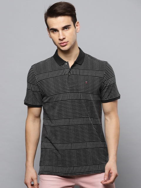 

Louis Philippe Jeans Men Charcoal Grey & White Striped Polo Collar T-shirt