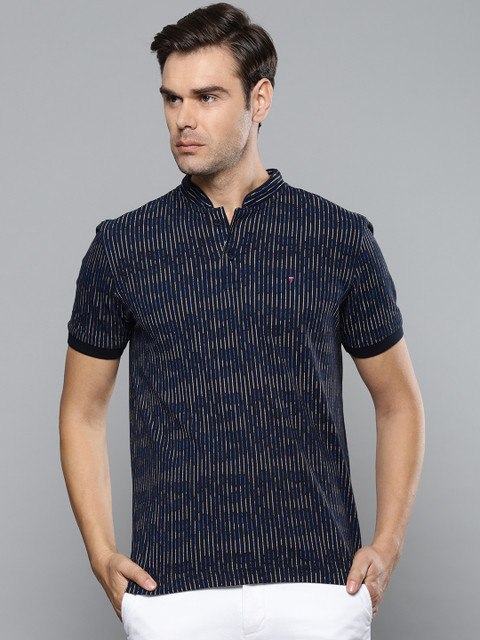 

Louis Philippe Sport Men Navy Blue Striped Mandarin Collar T-shirt
