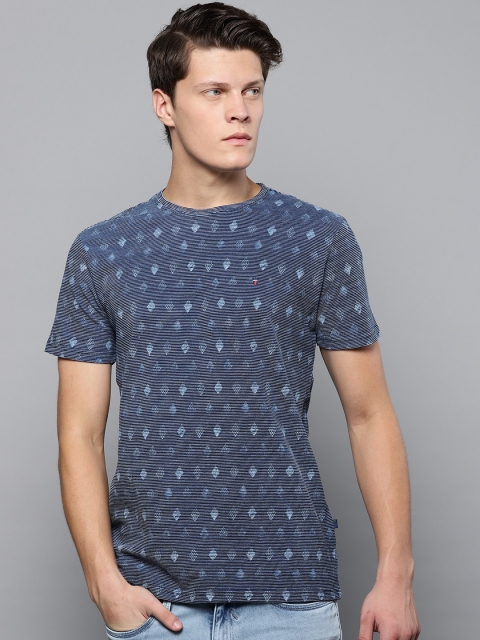 

Louis Philippe Jeans Men Navy Blue Striped Slim Fit Round Neck T-shirt