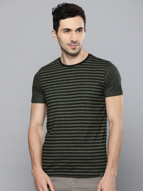 

Louis Philippe Jeans Men Olive Green & Black Striped Round Neck T-shirt