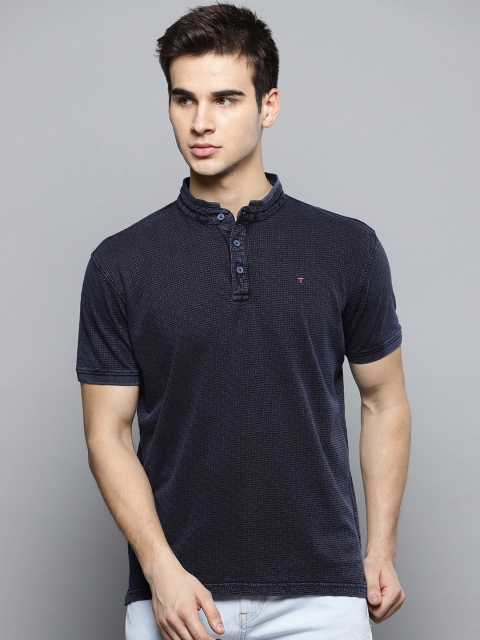 

Louis Philippe Jeans Men Navy Blue Self Design Mandarin Collar T-shirt