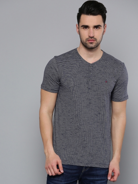 

Louis Philippe Jeans Men Navy Blue Striped Henley Neck T-shirt