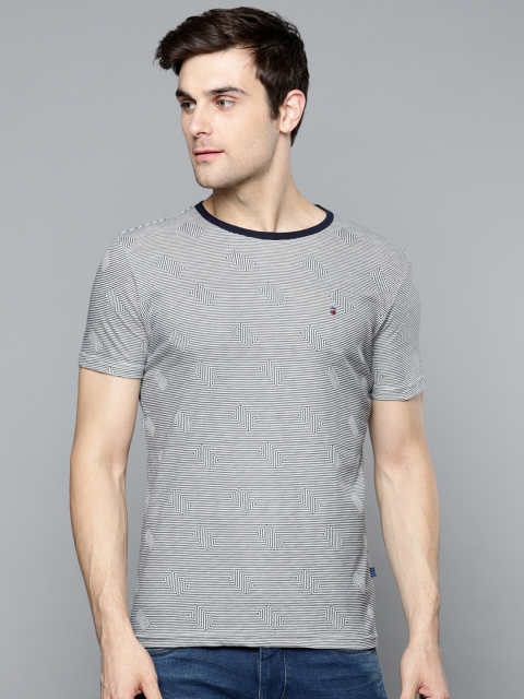 

Louis Philippe Jeans Men Grey & Navy Slim Fit Striped Round Neck T-shirt
