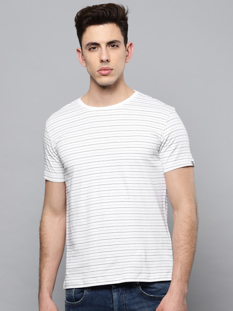 

Louis Philippe Jeans Men White Striped & Black Round Neck T-shirt