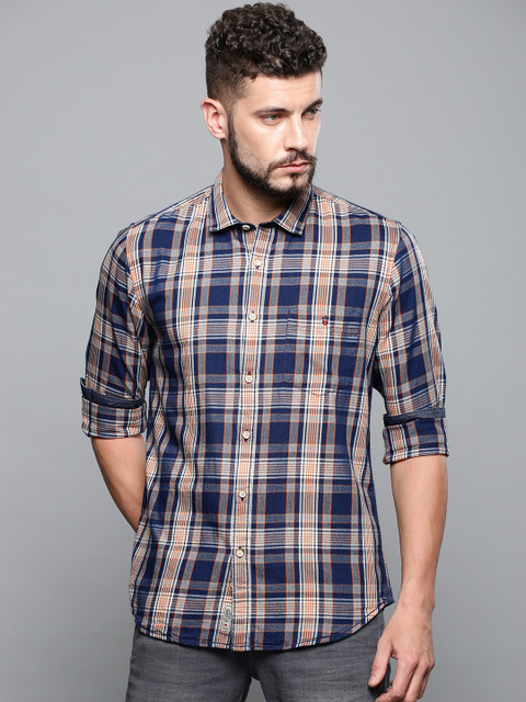 

Louis Philippe Jeans Men Navy Blue & Orange Super Slim Fit Checked Casual Shirt