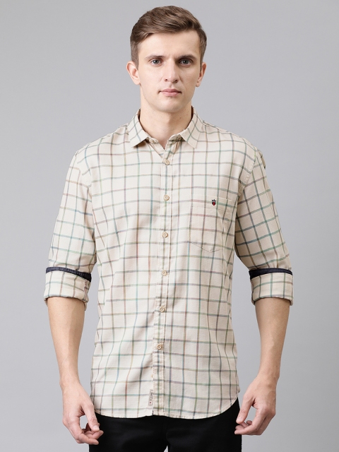 

Louis Philippe Jeans Men Beige & Green Slim Fit Checked Casual Shirt