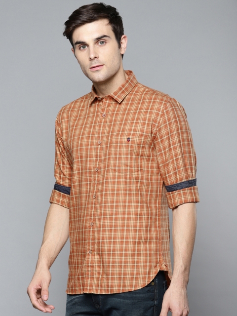 

Louis Philippe Jeans Men Orange & Khaki Super Slim Fit Checked Casual Shirt