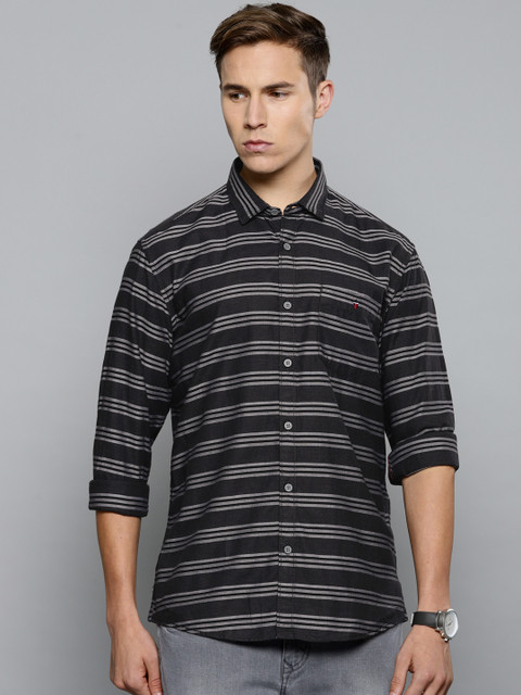

Louis Philippe Jeans Men Grey & Black Slim Fit Striped Casual Shirt
