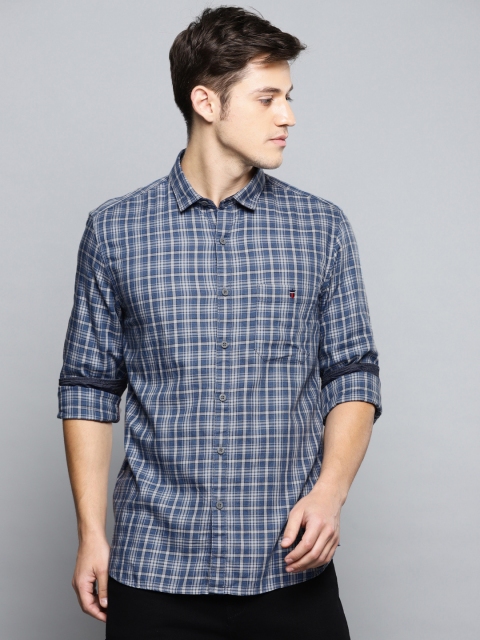 

Louis Philippe Jeans Men Navy Blue & Grey Super Slim Fit Checked Casual Shirt