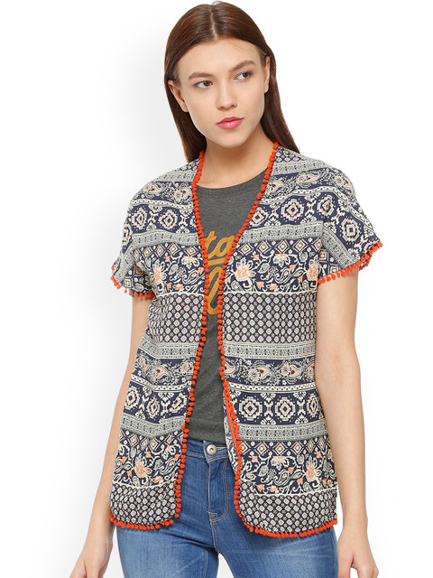 

People Women Blue Self Design Open Front Jacket
