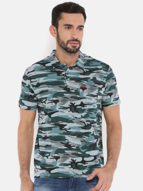 

The Indian Garage Co Men Teal Green & Black Camouflage Printed Polo Collar T-shirt