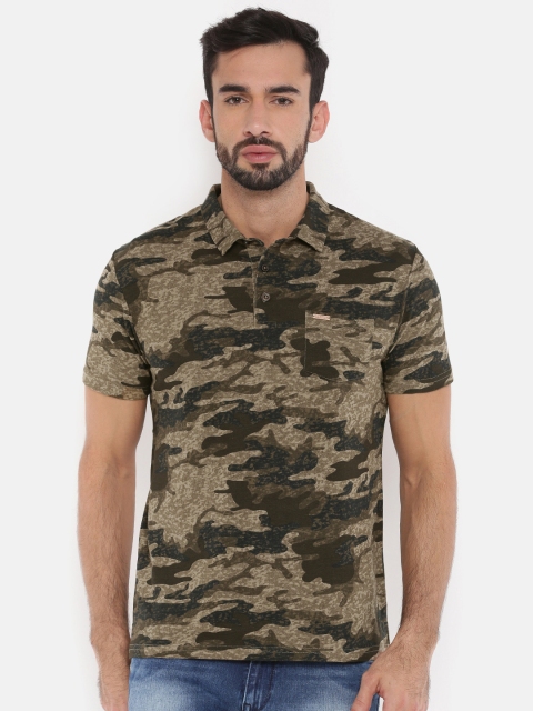 

The Indian Garage Co Men Olive Green Camouflage Printed Polo T-shirt