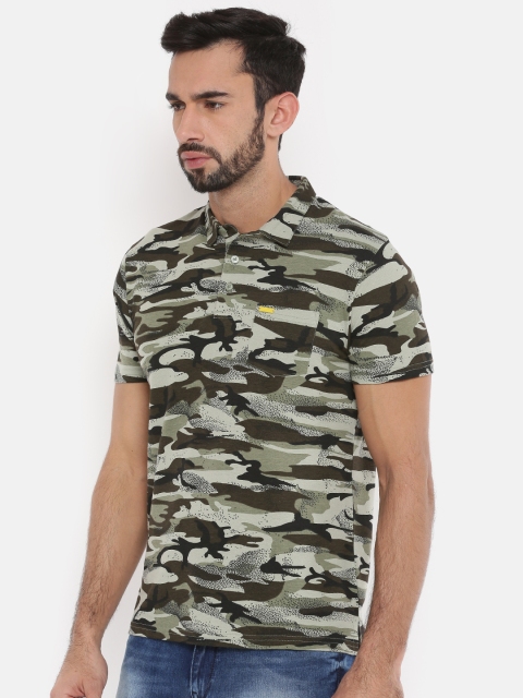 

The Indian Garage Co Men Olive Green Camouflage Printed Polo T-shirt