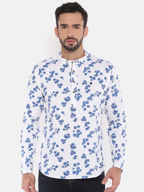 

The Indian Garage Co Men White & Blue Floral Printed Floral Kurta