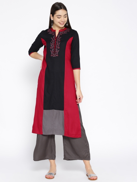 

Moda Rapido Women Black & Maroon Colourblocked Straight Kurta