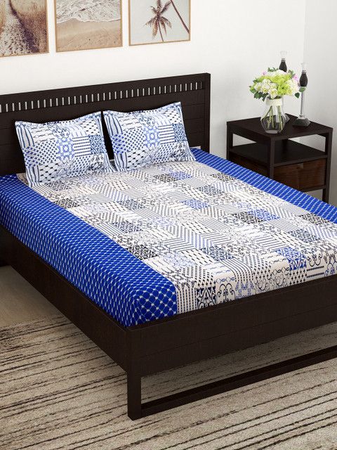 

Story@home Blue & White Abstract Flat 160 TC Cotton 1 Queen Bedsheet with 2 Pillow Covers
