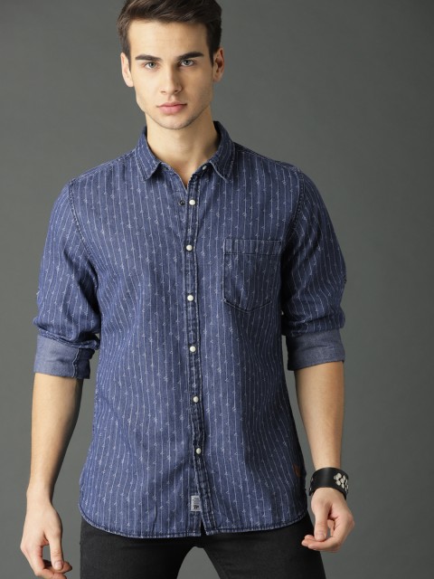 

Roadster Men Blue Regular Fit Printed Denim Casual Shirt