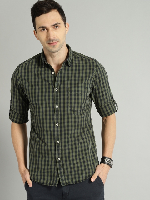 

Roadster Men Green & Navy Blue Dyed Checked Casual Shirt