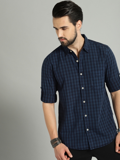 

Roadster Men Navy Blue Dyed Checked Casual Shirt