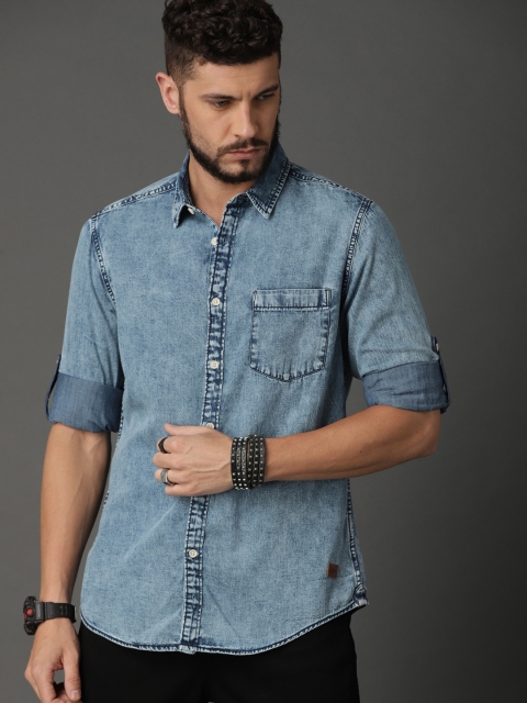 

Roadster Men Blue Regular Fit Acid Wash Denim Shirt