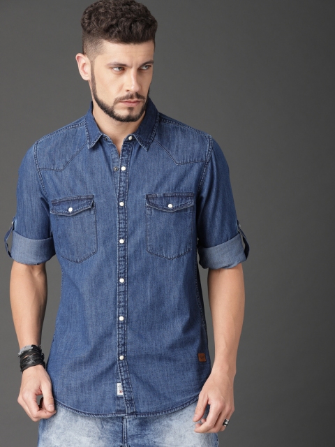 

Roadster Men Blue Regular Fit Faded Western Yoke Denim Shirt