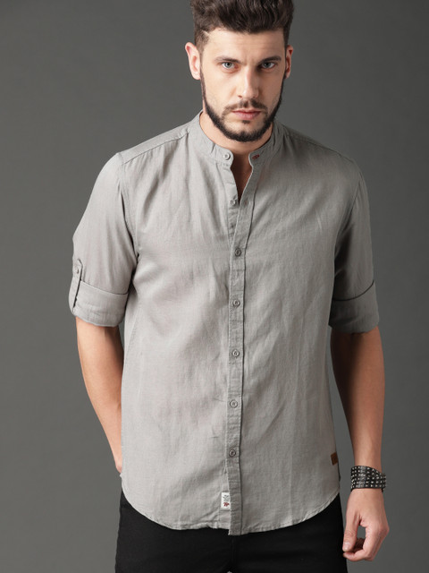 

Roadster Men Grey Solid Linen Casual Shirt