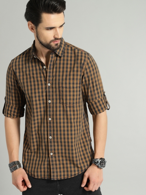 

Roadster Men Tan Brown & Navy Blue Dyed Checked Casual Shirt