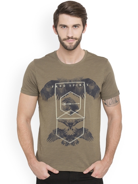 

SPYKAR Men Olive Green Printed Round Neck T-shirt