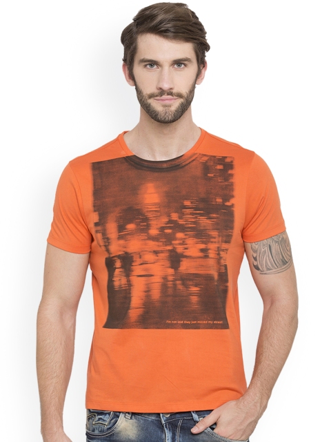 

SPYKAR Men Orange Printed Round Neck Pure Cotton T-shirt