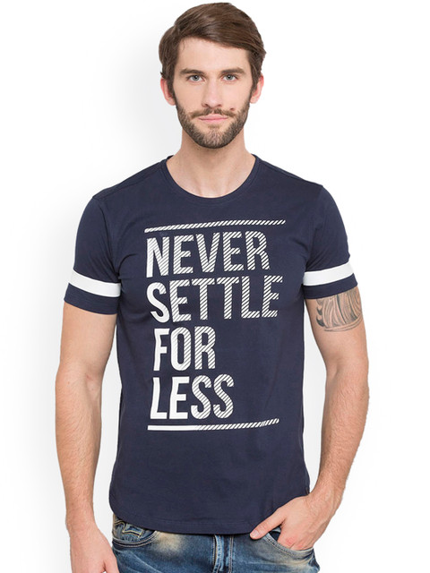 

SPYKAR Men Navy Blue Printed Round Neck Pure Cotton T-shirt